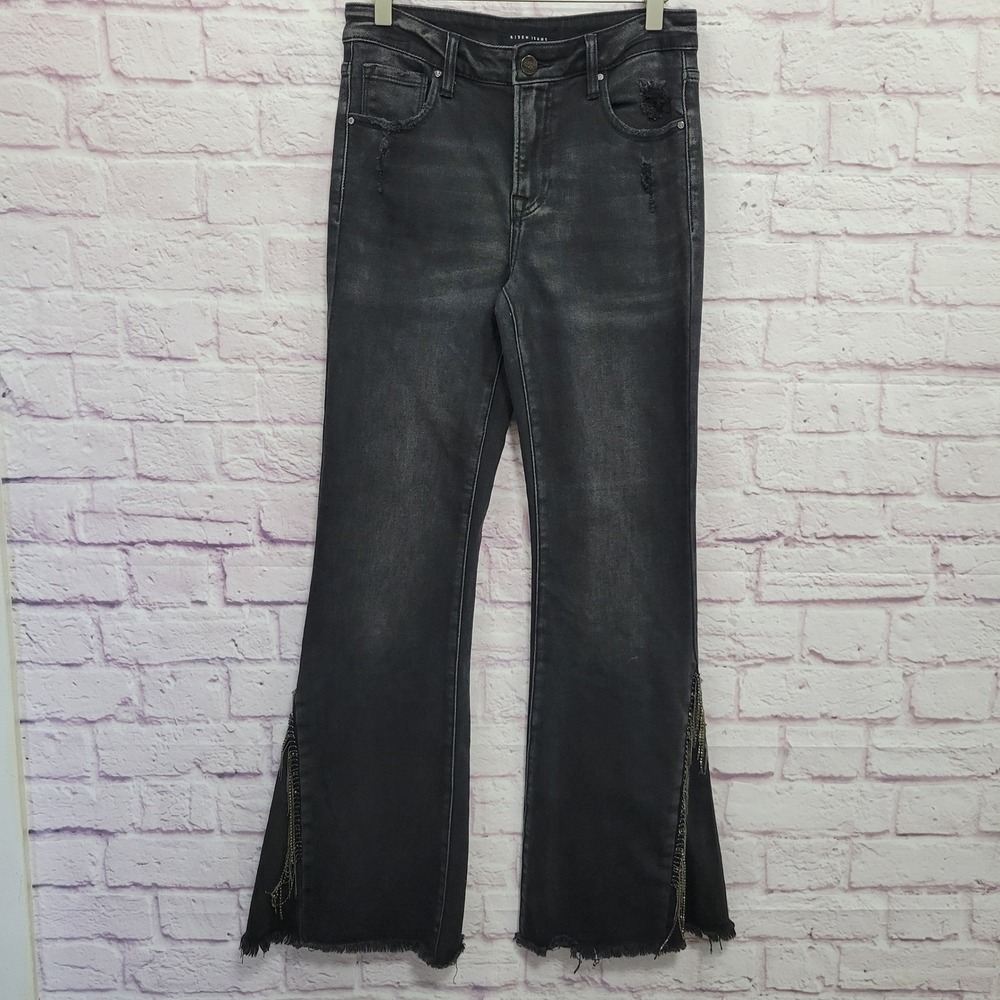 Risen Black Flare Jeans Womens 7 Rhinestone Fringe Distressed Goth Coachella Y2K